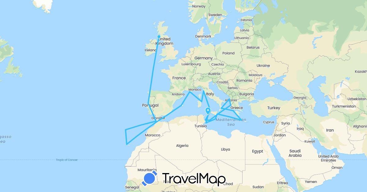 TravelMap itinerary: driving, boat in Albania, Spain, United Kingdom, Greece, Italy, Morocco, Malta, Portugal, Tunisia (Africa, Europe)
